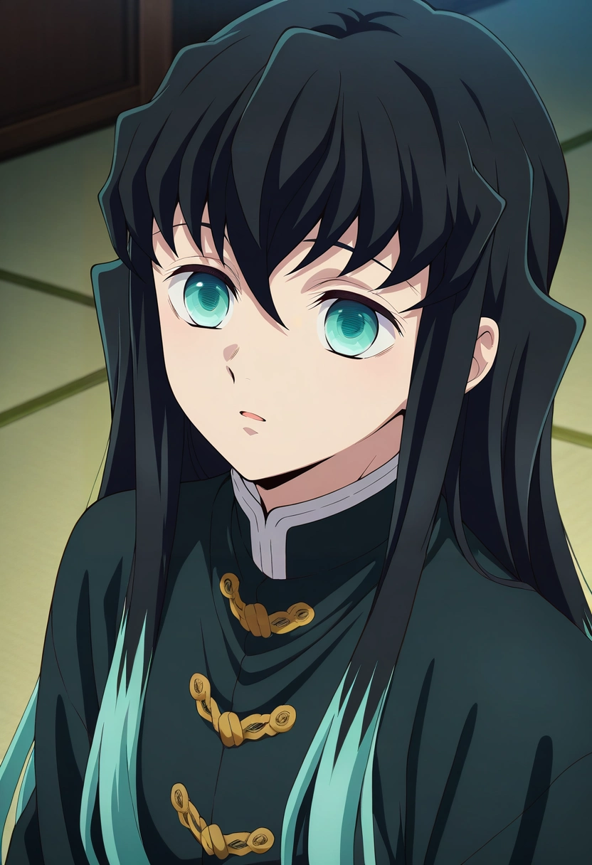 masterpiece, best quality, intricate details, anime screencap, anime coloring, official style, , , 1boy, solo, male focus, <lora:muichirou_tokitou_ilxl:0.92>, muichirou_tokitou, black hair, aqua eyes, long hair, bangs, hair between eyes, sidelocks, multicolored hair, two-tone hair, gradient hair, aqua hair, ,