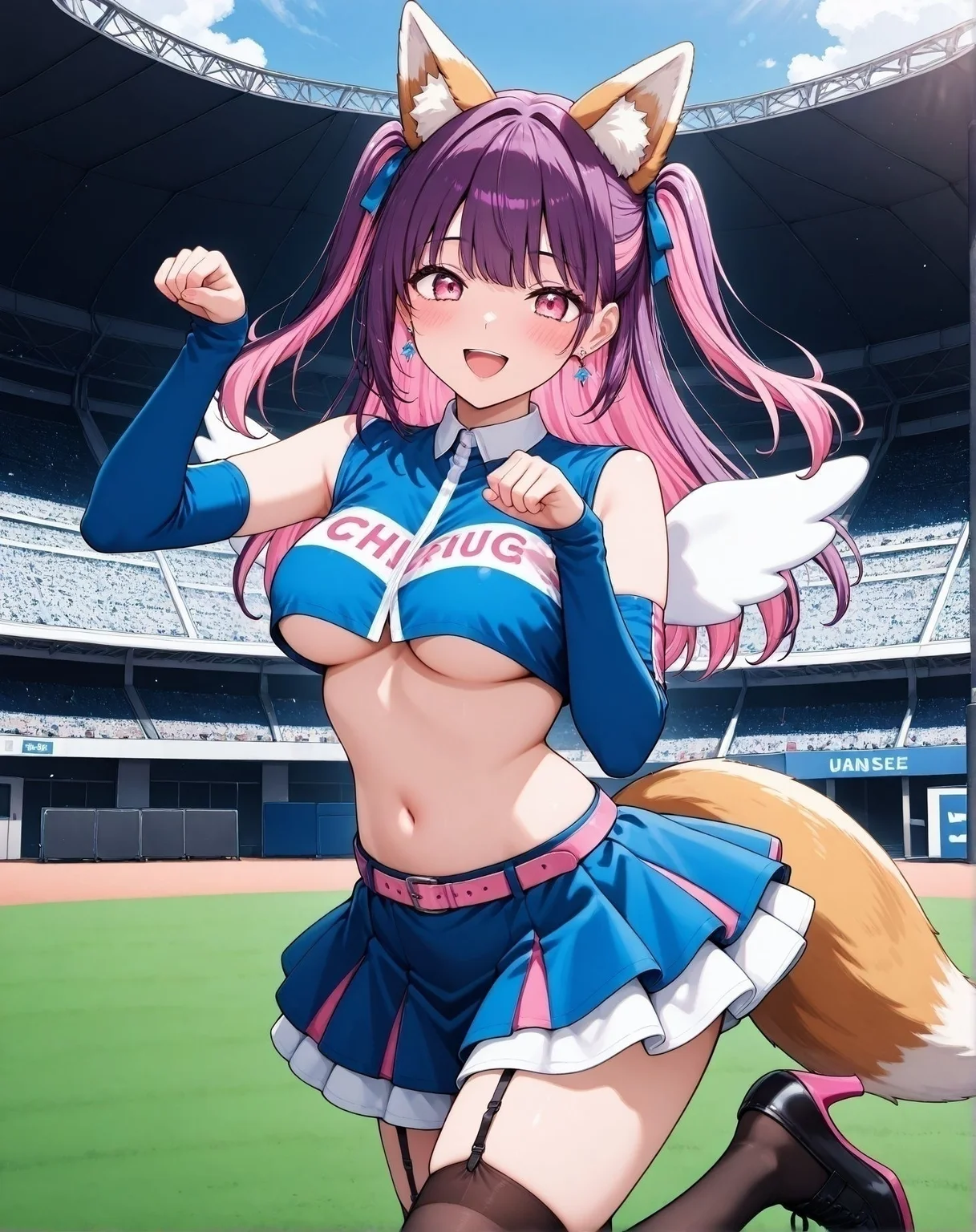 masterpiece,best quality,amazing quality,very aesthetic,absurdres,newest, huge filesize,
<lora:spo_sdxl_10ep_4k-data_lora_webui:0.5>,
<lora:kitsune-dance-ponyxl-lora-nochekaiser:1>, kitsune dance, cheerleader, layered skirt, paw pose, fox ears, white belt, fox tail, baseball stadium, blue shirt, blue skirt, crop top, sleeveless shirt, midriff, blush, smile, open mouth,, cowboy shot,
BREAK
<lora:mikarinil:0.9>
pink high heels,
mikarin, long hair, breasts, bangs, skirt, shirt, thighhighs, navel, bare shoulders, jewelry, medium breasts, (pink hair and purple hair, multicolored hair female), earrings,
detached sleeves, wings, sleeveless, midriff, belt, black thighhighs, miniskirt, black skirt pink eyes ,black footwear, two side up, crop top ,black shirt sleeveless shirt ,underboob, garter straps , pink belt,