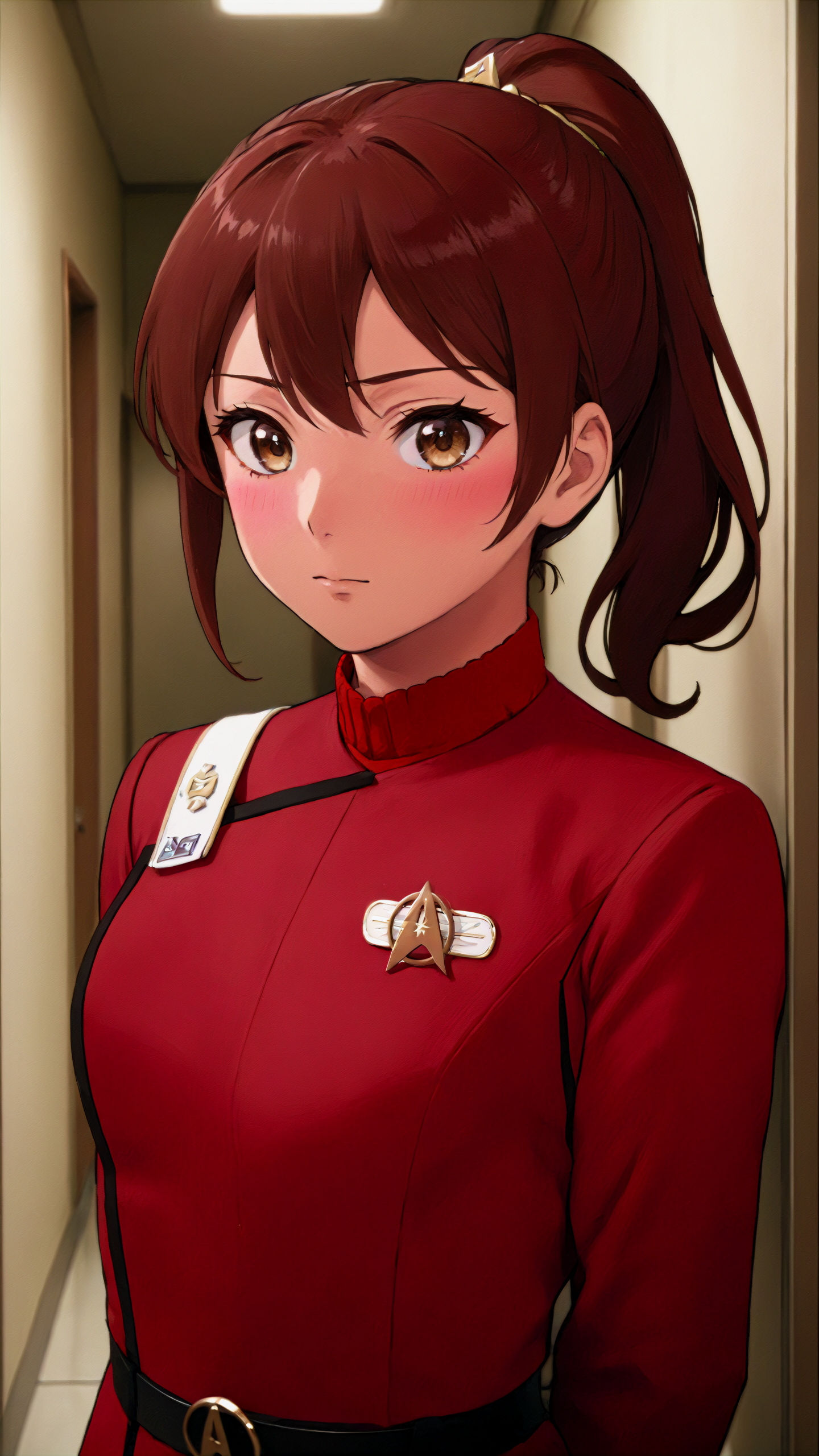 twokunf red uniform,A anime screenshot,latino woman,brown hair,ponytail,in a hallway,<lora:TWOKXL:0.8>
detailed face