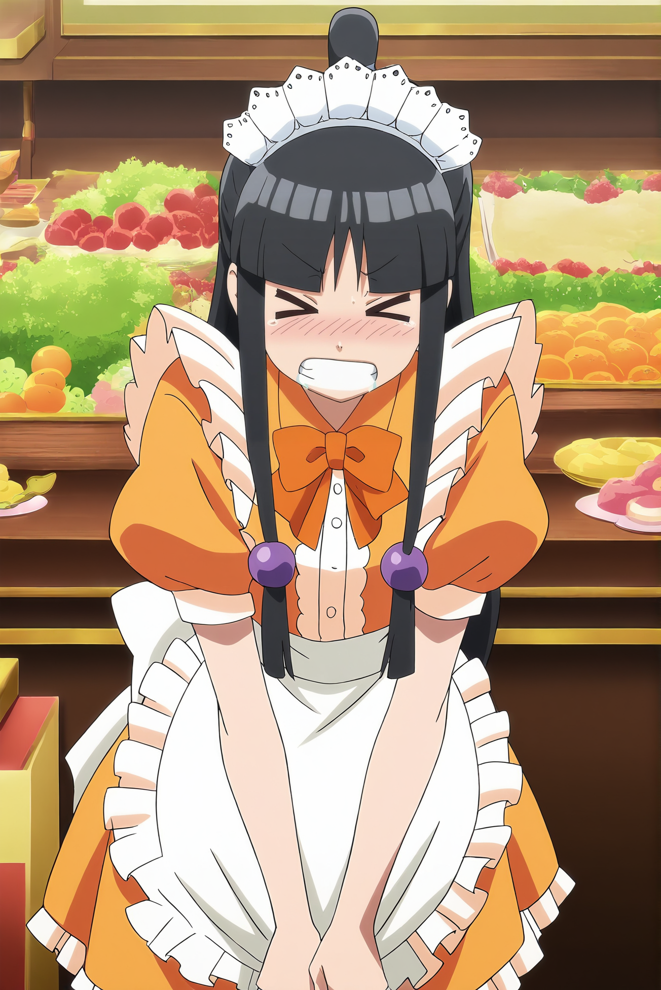 anime screencap,anime coloring,detailed face,masterpiece,best quality,very aesthetic,absurdres,amazing quality,ultra detailed,highres,amazing quality,scenery,beautiful detailed hair,beautiful detailed eyes,official anime artwork,<lora:Maya Fey-IL V1:1>,Maya Fey,1girl,solo,black hair,long hair,half updo,hair ornament,blunt bangs,sidelocks,>_<,clenched teeth,
maid headdress,apron,maid,short sleeves,orange dress,hair bobbles,puffy sleeves,frills,hair ornament,bow,maid apron,bowtie,puffy short sleeves,frilled apron,