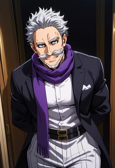 high quality, detailed, GentleCriminal, male, solo male, human, broad shoulders, mature male, blue eyes, muscular male, athletic build, short gray hair, goatee, big mustache, beard, facial hair, smiling, scruffy, formal, gentleman, white shirt, black jacket, purple scarf, white pants, half body, hands behind back, cowboy shot, wide hips, thick thighs, pecs