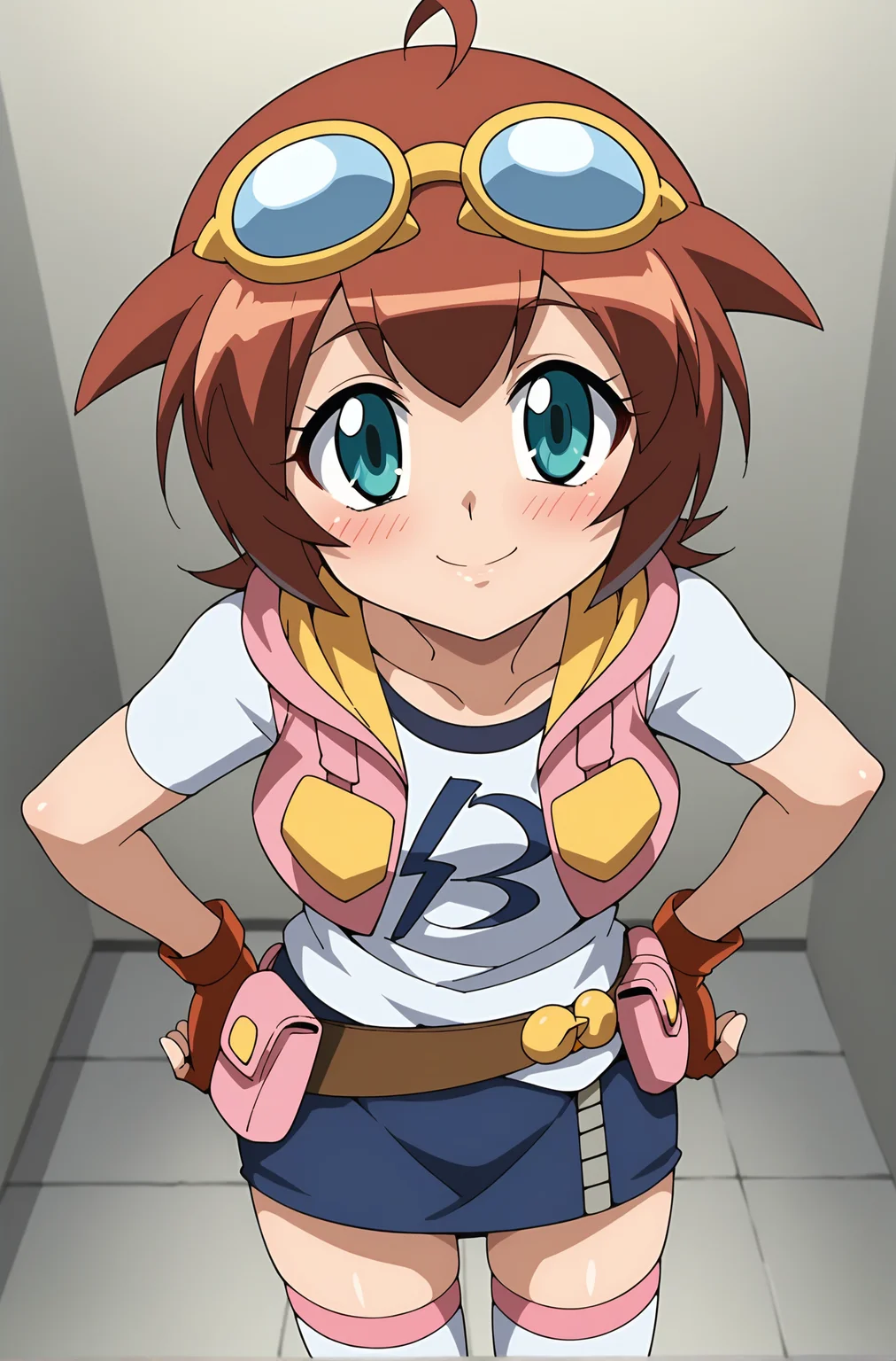 score_9, score_8_up, score_7_up, source anime, anime, animification, anime screencap, anime coloring, vivid colors, shiny skin, skindentation, deep skin, depth of field, high quality, highres, (dynamic angle,dynamic pose),
amano madoka, 1girl, solo, looking at viewer, blush, smile, short hair, blue eyes, skirt, brown hair, shirt, thighhighs, gloves, jacket, ahoge, belt, miniskirt, fingerless gloves, vest, aqua eyes, white thighhighs, leaning forward, goggles, eyewear on head, goggles on head, hands on hips, pouch, belt pouch
BREAK
masterpiece, high quality
<lora:Amano_Madoka:0.9>