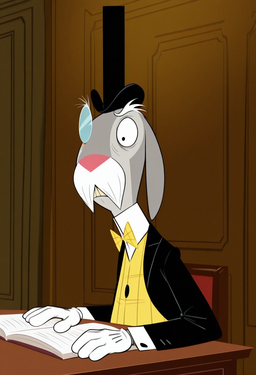 masterpiece, best quality, amazing quality, very aesthetic, absurdres, newest,  high quality, detailed, male, solo male, MrHerriman, 1boy, mature male, male, chubby, anthro, rabbit, grey fur, floppy ears, black eyes, mustache, bushy eyebrows, facial hair, tuxedo jacket, yellow vest, bow tie, top hat, monocle, formal, looking at viewer, half lidded eyes, stern expression, indoors, office, sitting at desk, half body, volumetric lighting