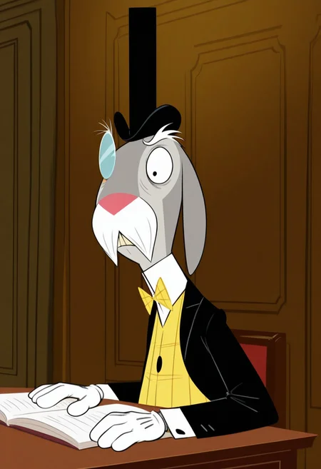 masterpiece, best quality, amazing quality, very aesthetic, absurdres, newest,  high quality, detailed, male, solo male, MrHerriman, 1boy, mature male, male, chubby, anthro, rabbit, grey fur, floppy ears, black eyes, mustache, bushy eyebrows, facial hair, tuxedo jacket, yellow vest, bow tie, top hat, monocle, formal, looking at viewer, half lidded eyes, stern expression, indoors, office, sitting at desk, half body, volumetric lighting