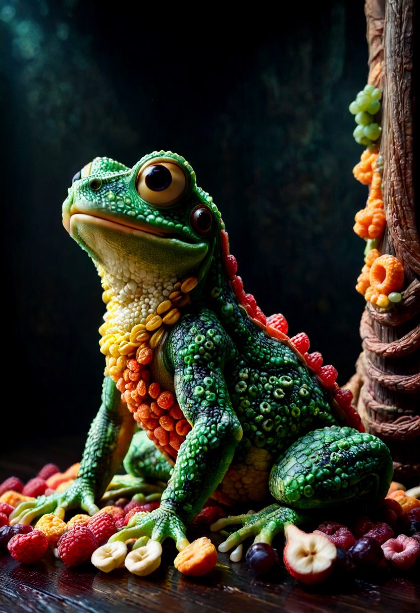 A photorealistic image of a majestic frog made of fruit loops,
intricate details, dramatic composition, tension, contrast, texture, realism, high quality, stunning art, film grain, volumetric lighting, detailed, 
background is dark medieval hall,