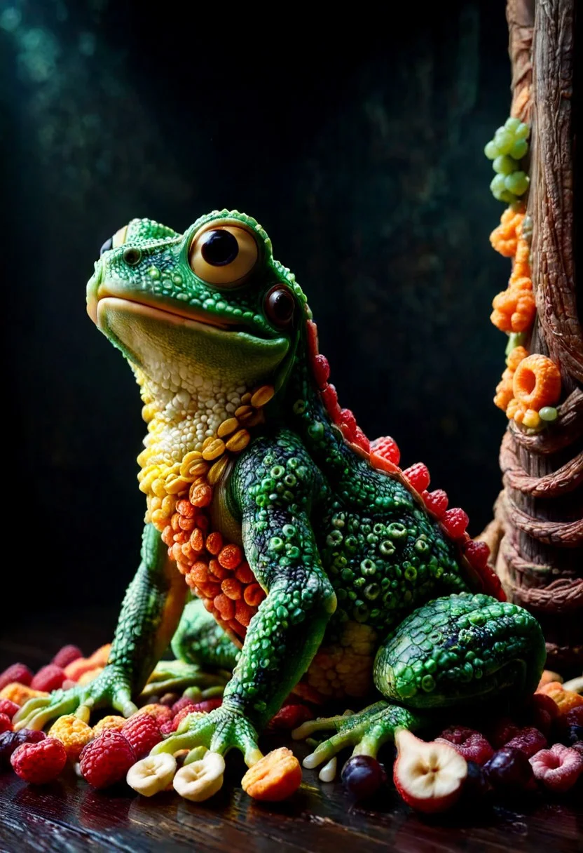 A photorealistic image of a majestic frog made of fruit loops,
intricate details, dramatic composition, tension, contrast, texture, realism, high quality, stunning art, film grain, volumetric lighting, detailed,
background is dark medieval hall,