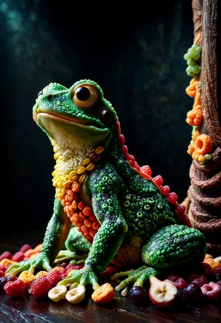 A photorealistic image of a majestic frog made of fruit loops,
intricate details, dramatic composition, tension, contrast, texture, realism, high quality, stunning art, film grain, volumetric lighting, detailed, 
background is dark medieval hall,