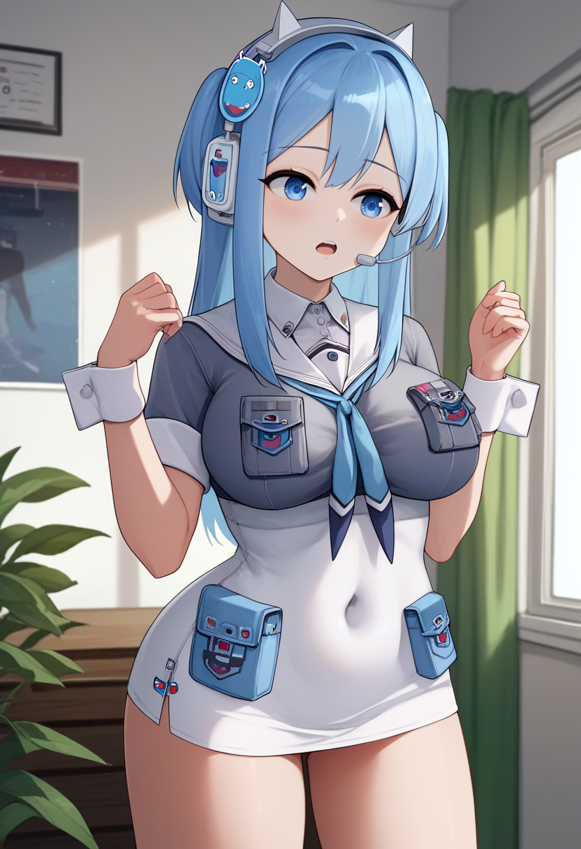 score_9, score_8_up, score_7_up, source_anime BREAK 1girl, solo, <lora:shifty-nikke-richy-v1_pdxl:1> shifty, blue eyes, blue hair, two side up, long hair, hair ornament, animal ear headphones, headset, sailor collar, button badge, serafuku, blue neckerchief, grey shirt, short sleeves, wrist cuffs, breast pockets, pouch, white dress, covered navel, bare legs, standing, indoors, huge breasts, blush, open mouth,