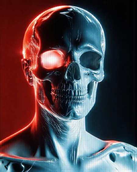 a close up of a skeleton with glowing eyes, red shift render, trending on artstaton, gradient light red, greg beeple, [ metal ], trending on artstattion, by Eamon Everall, by Andrew Stevovich, style of alexandre chaudret, simple chromatic xray, head and torso, 2029, evil glow, both fragile and powerful in its surreal elegance <lora:aidmaMJ6.1_v0.5_3:1> aidmamj6.1 <lora:fluxetherealfeel:1> <lora:flux-blurlora:1>,blurlora,ethfeel <lora:Hyper-FLUX.1-dev-8steps-lora:0.16>