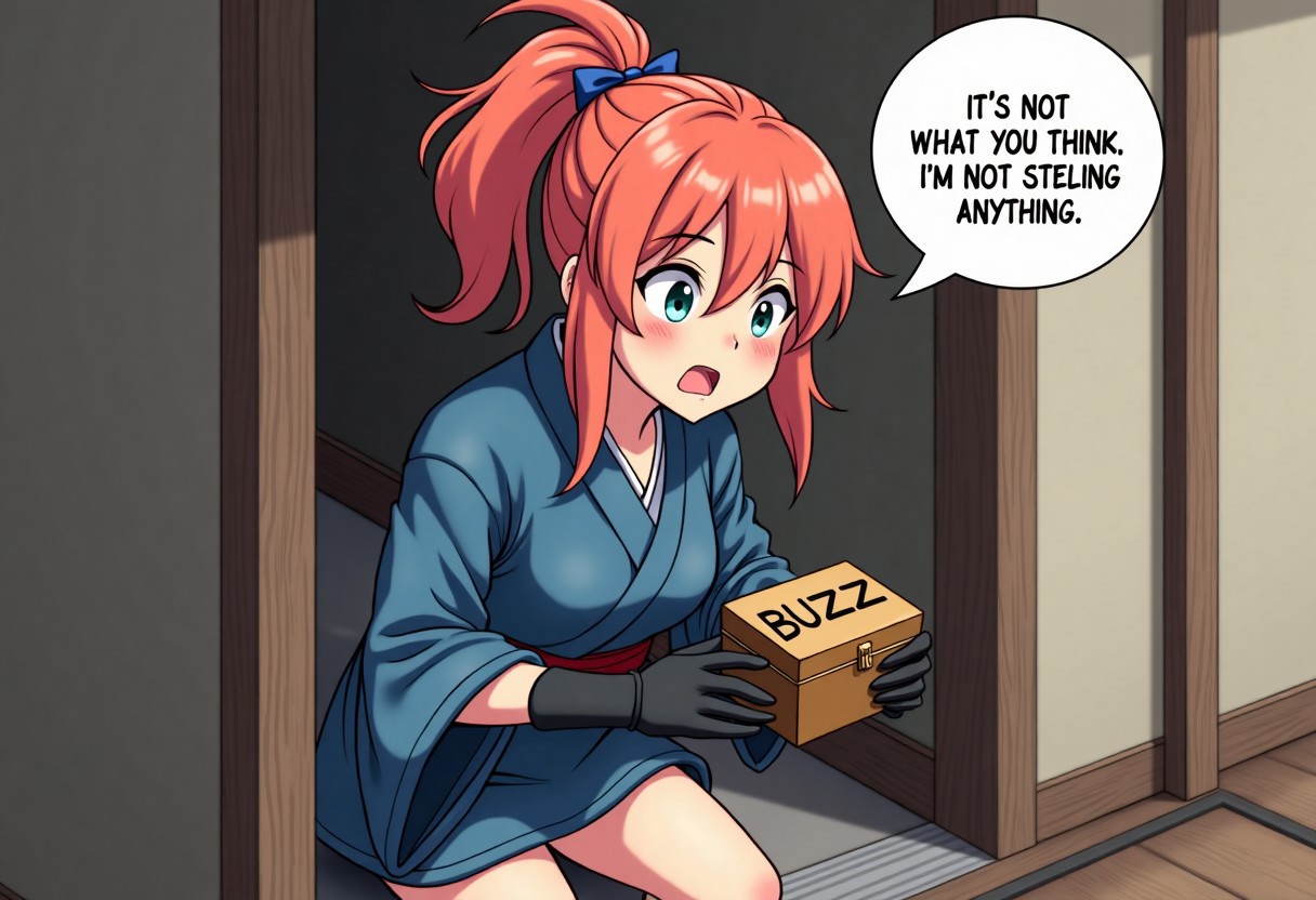 kunoichi,ninja, wearing blue short kimono, elbow gloves, (small chest), ginger hair, single ponytail, blue eyes, kunoichi trying to steal jewelry box with text "BUZZ" on it, catch on crime scene, surprised face, one speech bubble,english text, talking, "It's not what you think. I'm not stealing anything. " in the speech bubble,