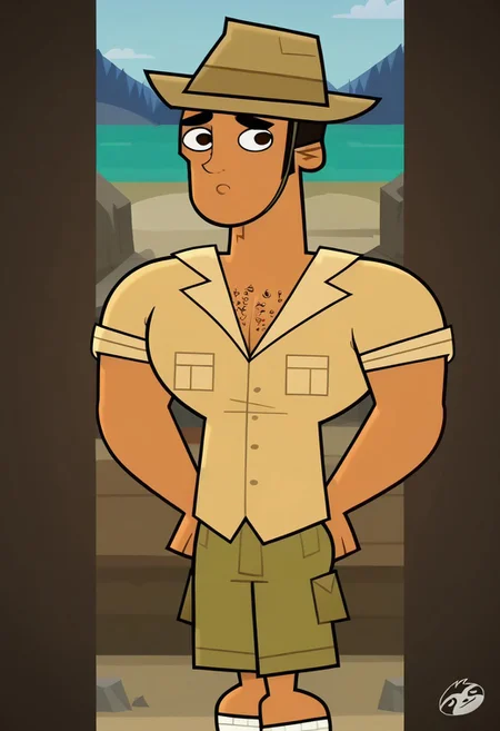 score_9, score_8_up, score_7_up, score_4, score_5, score_6, dynamic view, dynamic pose, High Quality, perfect body, cartoon source, break
Diego Olivo, 1boy, solo, tanned skin, brown eyes, round pupils, chest hair, muscular, Big chest, Big pecs, thick eyebrows, hat, ochre shirt, olive green shorts, white socks, brown boots, break
beach, sunny, blue sky.