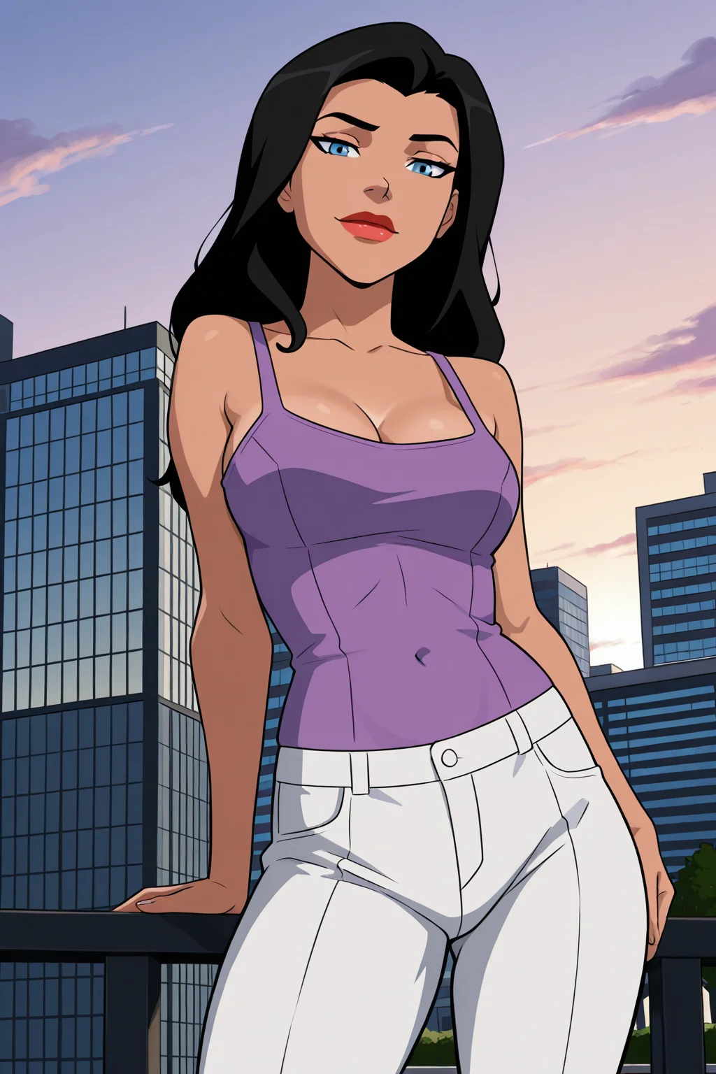 ((parody), perfect anatomy, perfect eyes, cowboy shot) BREAK <lora:ZatannaYJIL:1> zatanna zatara, black hair, long hair, blue eyes, lipstick, sultry eyes, sultry face, ((looking at viewer)), cleavage, tank top, purple tank top, white pants, model pose, showing off body, teasing viewer, city park, outdoors