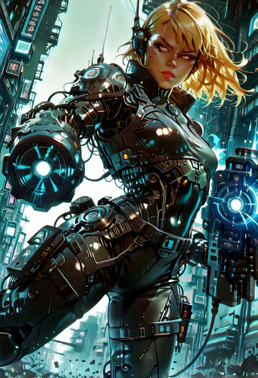 (fine fabric emphasis:1.2), (((masterpiece, amazing quality, best quality, ultra-detailed, 8K, illustration, amazing quality, newest, absurdres, realistic))), highres, very aesthetic, absurd res, hi res, very awa, dynamic angle, refined, volumetric lighting, cinematic lighting, blurry background, close up vivid colors, ((source_realistic:1.6)), hyper detailed, (dynamic pose:1.4), depth of field, cyb3rwar3, Cyberware, cybernetic lines, exposed mechanics, cable,cyborg, mechanical parts, robot joints, mad-neonbody, Plasma Cannon, cybernetic, cyborg, masterpiece, best quality, amazing quality, very aesthetic, absurdres, newest, cybernetic, cyborg, plasma cannon, dynamic pose, charging plasma shot, glowing energy buildup, blonde hair, bangs, no face mask, intense expression, cinematic lighting, dramatic angle, cyberpunk ruins, futuristic battlefield, sparks, debris, energy glow, sci-fi armor, high-tech suit, battle-ready stance, motion blur, intricate mechanical