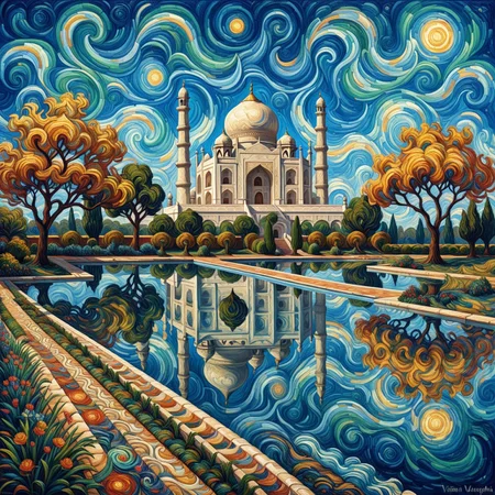 The Taj Mahal reimagined as a painting in the style of Vincent van Gogh. The iconic structure is depicted with bold, textured brushstrokes that bring a dynamic energy to its serene beauty. The white marble domes and minarets are rendered with soft swirls and layered strokes of cream, gray, and subtle blues, giving them depth and movement.
The surrounding gardens and reflecting pool are alive with expressive strokes of greens and blues, while the sky above is a dramatic swirl of Van Gogh's signature yellows, golds, and deep blues, creating a vibrant, starry backdrop. The painting captures the ethereal elegance of the Taj Mahal, blending its timeless architecture with the emotive, flowing artistry of Van Gogh, resulting in a dreamlike and evocative composition, oil painting, mad-vangoghian
