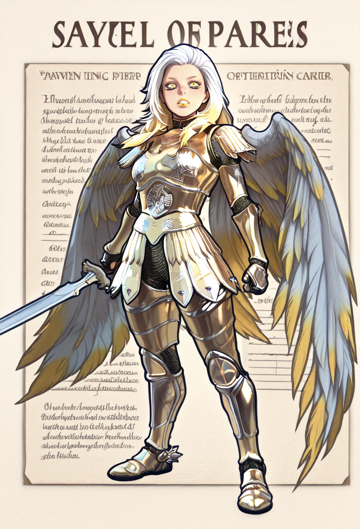 (masterpiece, best quality:1.2), absurdres, 8k, HDR, Western Animation, incoth, (incase:0.6), D&D character Sheet, tabletop role-playing game illustrated character sheet on parchment paper, parchment paper, title text, lots of text in the foreground, notes, attributes, abilities, notes describing her attributes listed like on a D&D character sheet, text showing his attribute scores, Notes in English text detailing her inventory and abilities, old parchment paper background, in the style of a Dungeons & Dragons character sheet, 1girl, solo, vasiyuriel, pointy ears, two tone hair, white hair, yellow hair, yellow eyes, colored sclera, makeup, facial mark, yellow lipstick, tattoo, wings, long hair, gold armor, gold chainmail, holding, holding sword, full body shot
 <lora:Vasiy-Uriel_v3:1> <lora:DD_Character_Sheet:1>  <lora:AnimeGraffity222:1>