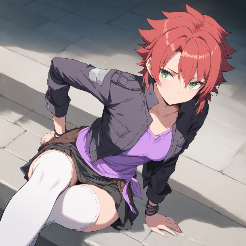 solo,masterpiece,high score,great score,absurdres,jacket,purple shirt,skirt,white thigh boots,<lora:Chiaia_Flan ag4o v1:1> chiaiaflan, short hair, red hair, green eyes,