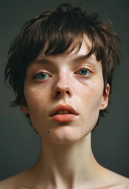 A photo Luce Doe, a 25 year old woman.  Short boyish hair, black hair. Posing in the studio. Soft studio lighting. 
Detailed, emotional face.
(detailed skin, pores, sweat, rosacea, blemishes, acne, freckles, imperfections, tan (moles-)), detailed eyes,
 style of Caravaggio.
Hasselblad, Kodak Ektar 100