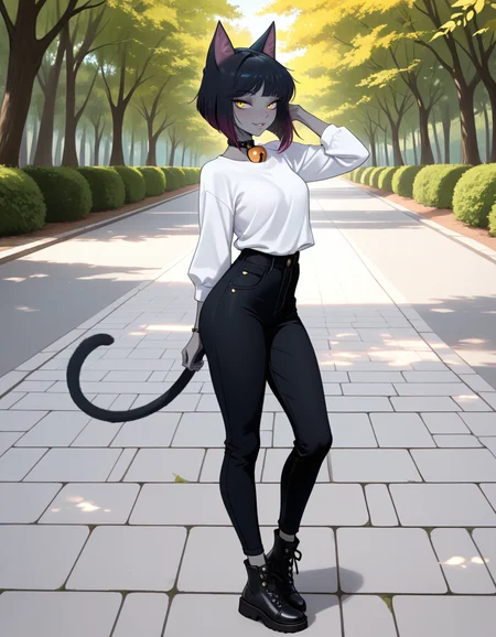 masterpiece, best quality, very aesthetic, absurdres,
outdoors, casual,
full body, standing, posing,
seductive smile, parted lips, long eyelashes,
<lora:Agnes_v01_NAIXL:1>
4gn3s,1girl,solo,cat girl,cat ears,multicolored hair,bangs,bob cut,yellow eyes,neck bell,grey skin,cat tail,