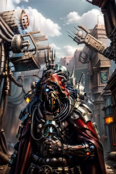 ((masterpiece,best quality)), absurdres, BREAK
mechanical arms, robes, hood, BREAK
((techpriest)), cyborg, mechanical face, mechanical limbs, gas mask, mechanical tentacles, (mechanical backpack), red cloak, BREAK
1other, solo, holding axe, weapon, axe, BREAK
(cyber_africa),