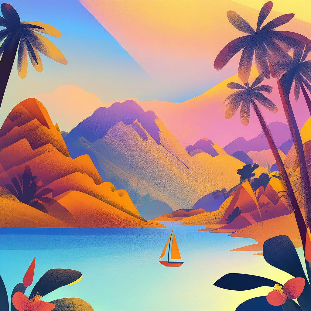 illustration,flower,outdoors,sky,day,cloud,water,tree,blue sky,no humans,plant,nature,scenery,sunset,mountain,palm tree,<lora:scenery illustration:1>,