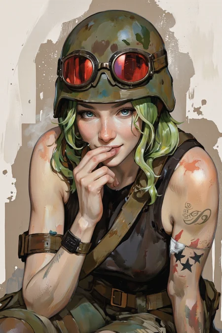 Ablatamahota style. A digital illustration shoot from a portrait angle about a female character with green hair wearing a military-inspired outfit and goggles, smoking a cigarette. the image also shows a soldier in the middle of the image, with a confident and playful expression, wearing a green helmet with red lenses, goggles, and a black sleeveless top with a star tattoo on her right arm. the soldier is sitting in a relaxed pose, with one hand on her chin and the other resting on her thigh. her green hair is styled in loose waves, and she has blue eyes that are looking directly at the viewer. her facial expression is a smile, with her lips slightly parted and her tongue sticking out. she has a bandage on her left cheek and a cigarette in her mouth. the background is a simple beige color with some splatters of paint, giving the image a grungy and distressed look.