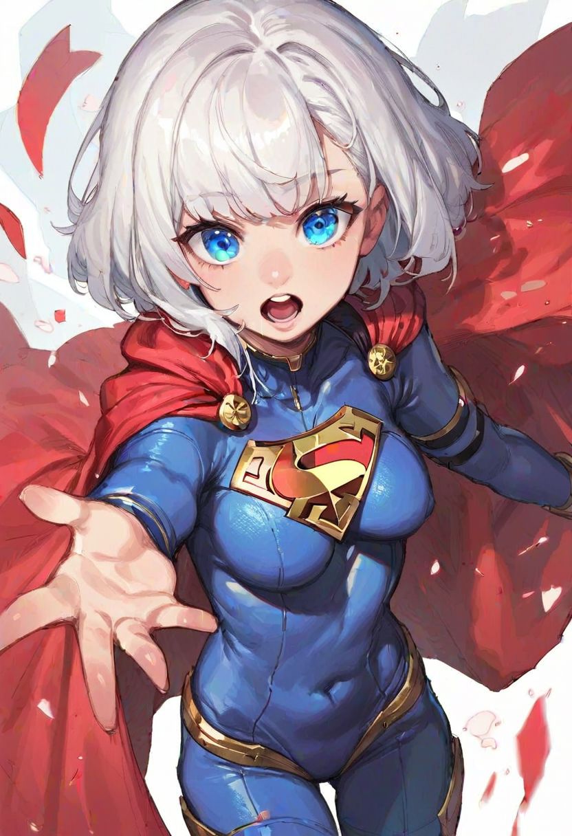 score_9_up, score_8_up, score_7_up, source_anime, masterpiece, perfectly detailed, detailed face, detailed eyes, beautiful eyes, CuteMaster_PS, wearing spcc costume with cape, 1girl, blue eyes, red cape, covered navel, white hair, open mouth, looking at viewer, superhero, short hair, outstretched arm, bangs, leotard, teeth, medium breasts, bodysuit, cowboy shot