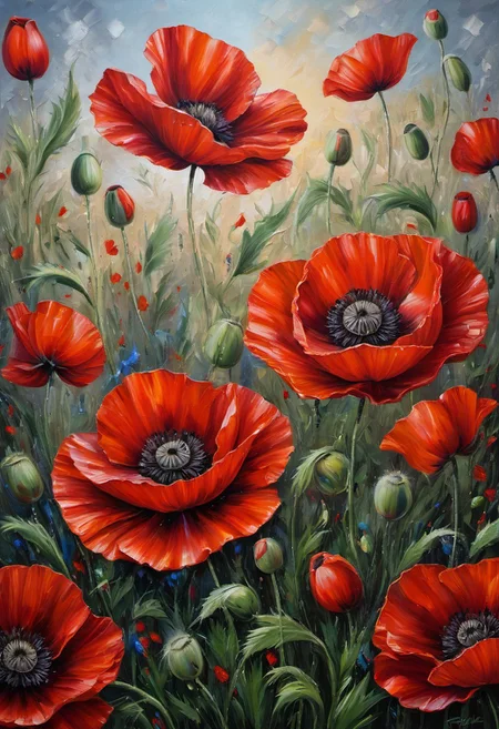 masterpiece, uhd,8k,painting, oil on canvas 4k, intricate and intense oil paint, artistic painting, incredible painting, highly detailed 4 k painting, painting art, painting on a canvas, colorfull painting, red poppies,
