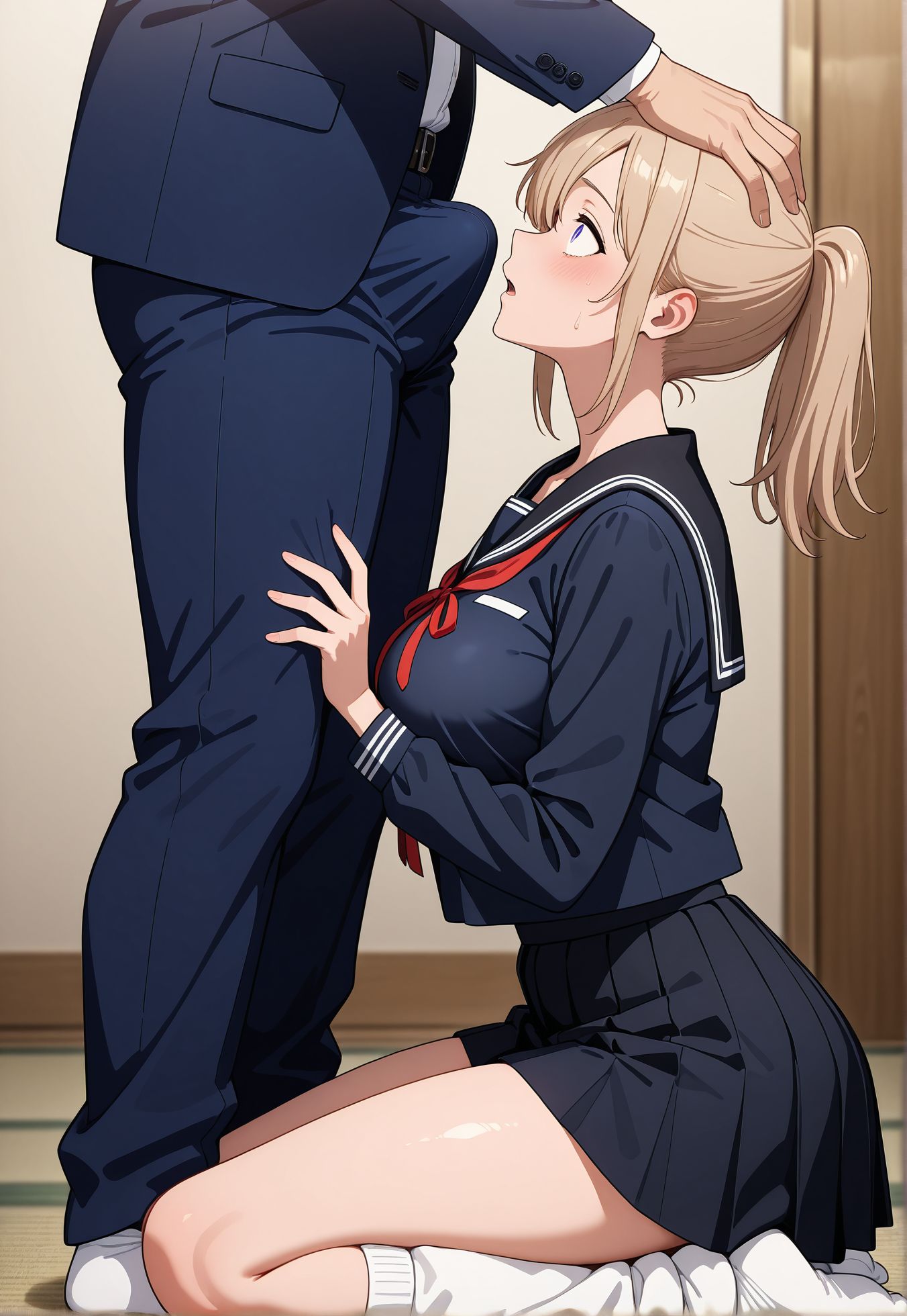 masterpiece,best quality,amazing quality,very aesthetic,absurdres,newest, huge filesize,
<lora:spo_sdxl_10ep_4k-data_lora_webui:0.5>,anime coloring, 
1girl, 1boy, hetero, head grab,from side, close up,bulge,  erection, 
old japan house, tatami,   on kneeling, looking at another, looking up, standing male, 
nervous sweating, 
<lora:AKI_Lonely_Castle_in_the_Mirrorr:0.7>
BREAK
AKI,
light brown hair female, large breasts, sexy body,  half-closed eyes, 
short hair,tied hair, surprised, wide eyes,
black sailor uniform,navy blue outfit,
red ribbon,
white socks, ponytail, 
loose socks, miniskirt, pleated skirt, sexy leg,
sitting pose female,
BREAK
1boy, father,ugly man,suit,