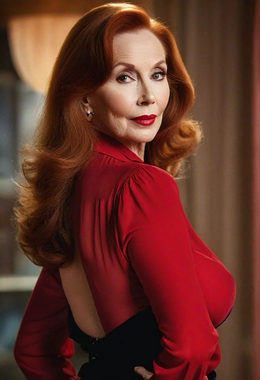 cinematic film still, ((professional photography)), ((masterpiece)), (((photorealism))), perfect focus, centered, rear view photo of beautiful, mature, long-haired,  Katherine Helmond looking over her shoulder to camera, (wearing red open blouse and big black bra:1.3), (very well endowed:1.3), ((very long auburn hair:1.3)), natural skin, professional makeup, glossy lipstick, (soft, warm studio lighting:1.3), professional photography, Nikon 35mm lens, bokeh, diffused light