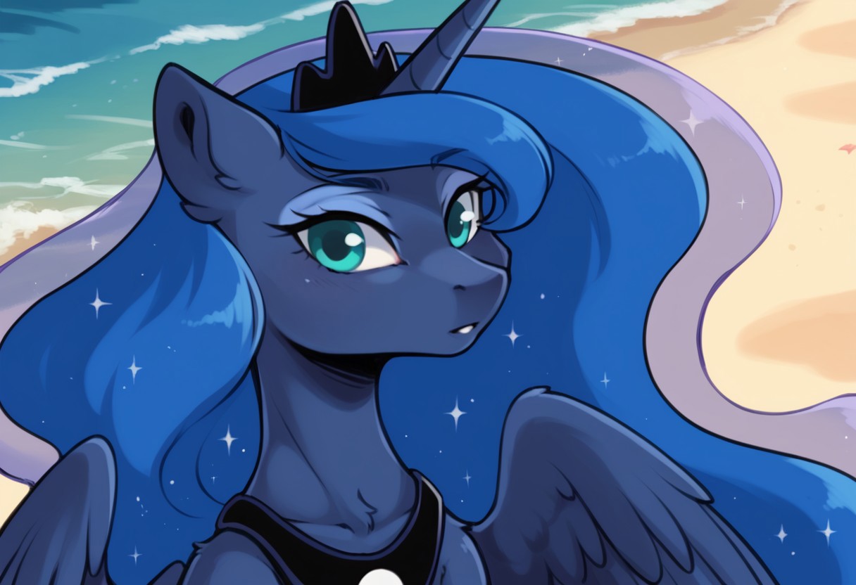 score_9, score_8_up, score_8,score_7_up score_6_up score_5_up score_4_up, source_anime,1girl, solo, upper body, detailed face, petite, (princess luna, my little pony, fur, furry, pony), short, small breast, tail,  beach
looking at viewer, Drantyno Style