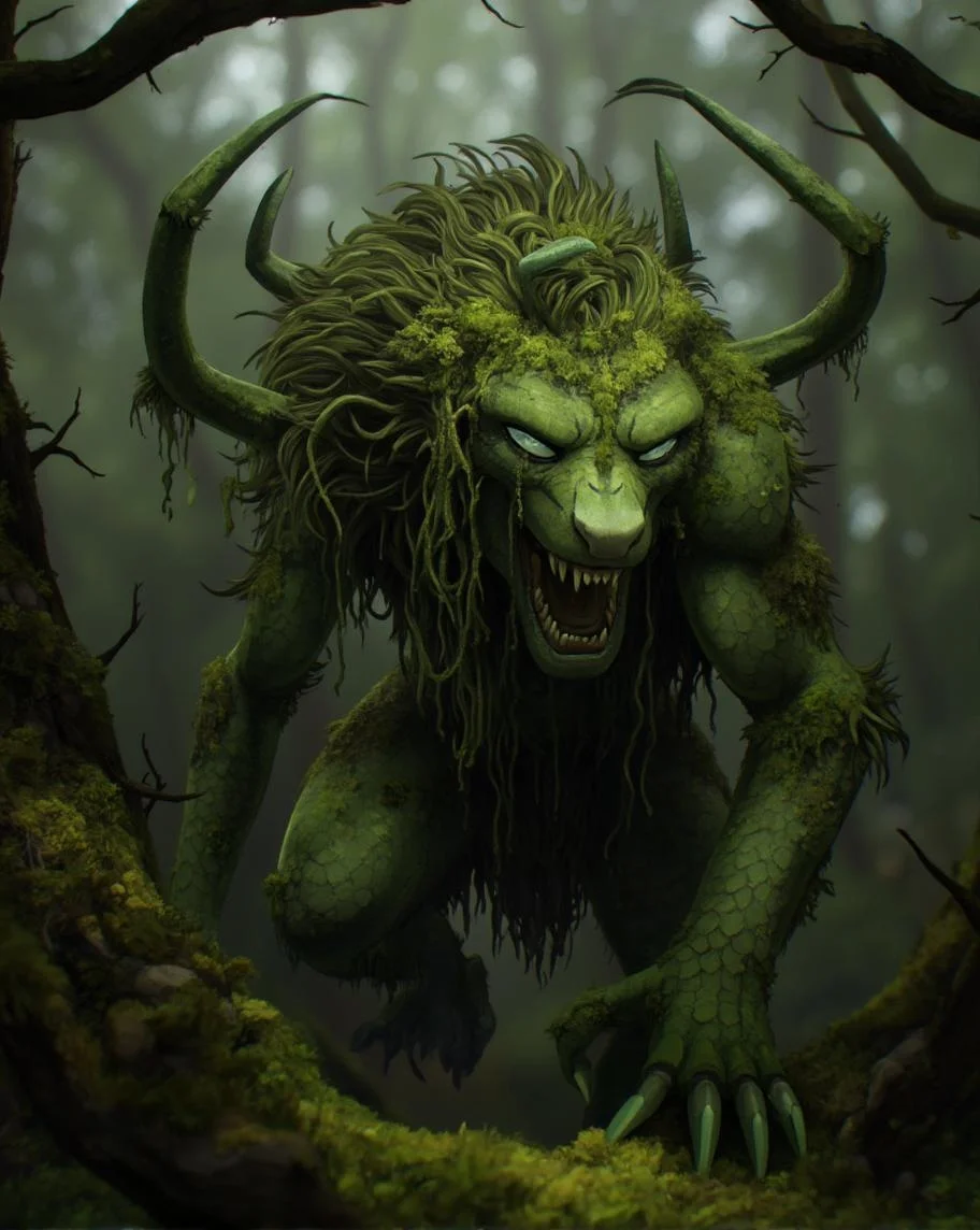 <lora:ck-LttleGhost-000011.safetensors:1> in the style of ck-lttlegh0stI plunge into the unnerving yet captivating "Crouching Beast", a digitally fabricated creature with realistic detailing. Moss covers its body, while hair twirls around it like an intricate web. Prehistoric and mythical elements converge to form this enigmatic being. The image is shot from a low angle, emphasizing the moss and hair, presenting every scale on its green hide and sharp claws in meticulous detail.