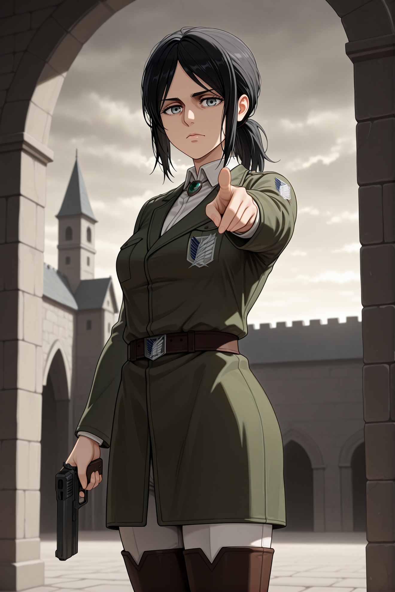 beautiful detailed eyes, masterpiece, best quality, intricate details, absurdres, 1girl, solo,
<lora:P-IL-PieckFinger:1>, p13ck, black hair, medium hair, ponytail, grey eyes,
paradis military uniform, military uniform, white collared shirt, long sleeves, jacket, belt, white pants, thigh boots, brown footwear,
medium breasts, zettai ryouiki, detailed lips, closed mouth, serious,
standing, holding pistol, pointing pistol at viewer, confident pose, looking at viewer,
castle ramparts, stone walls, weathered parapets, attack on titan aesthetic, cloudy sky, distant horizon, windblown dust, dramatic atmosphere