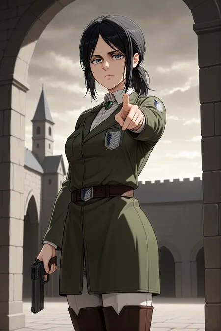 beautiful detailed eyes, masterpiece, best quality, intricate details, absurdres, 1girl, solo,
<lora:P-IL-PieckFinger:1>, p13ck, black hair, medium hair, ponytail, grey eyes,
paradis military uniform, military uniform, white collared shirt, long sleeves, jacket, belt, white pants, thigh boots, brown footwear,
medium breasts, zettai ryouiki, detailed lips, closed mouth, serious,
standing, holding pistol, pointing pistol at viewer, confident pose, looking at viewer,
castle ramparts, stone walls, weathered parapets, attack on titan aesthetic, cloudy sky, distant horizon, windblown dust, dramatic atmosphere