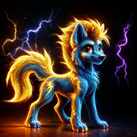lthndrtrl, solo, a cute husky puppy with big blue and brown eyes, tail and body made of golden and blue and red and yellow and purple lightning thunder trails <lora:lthndrtrl_V3_4:1.7>