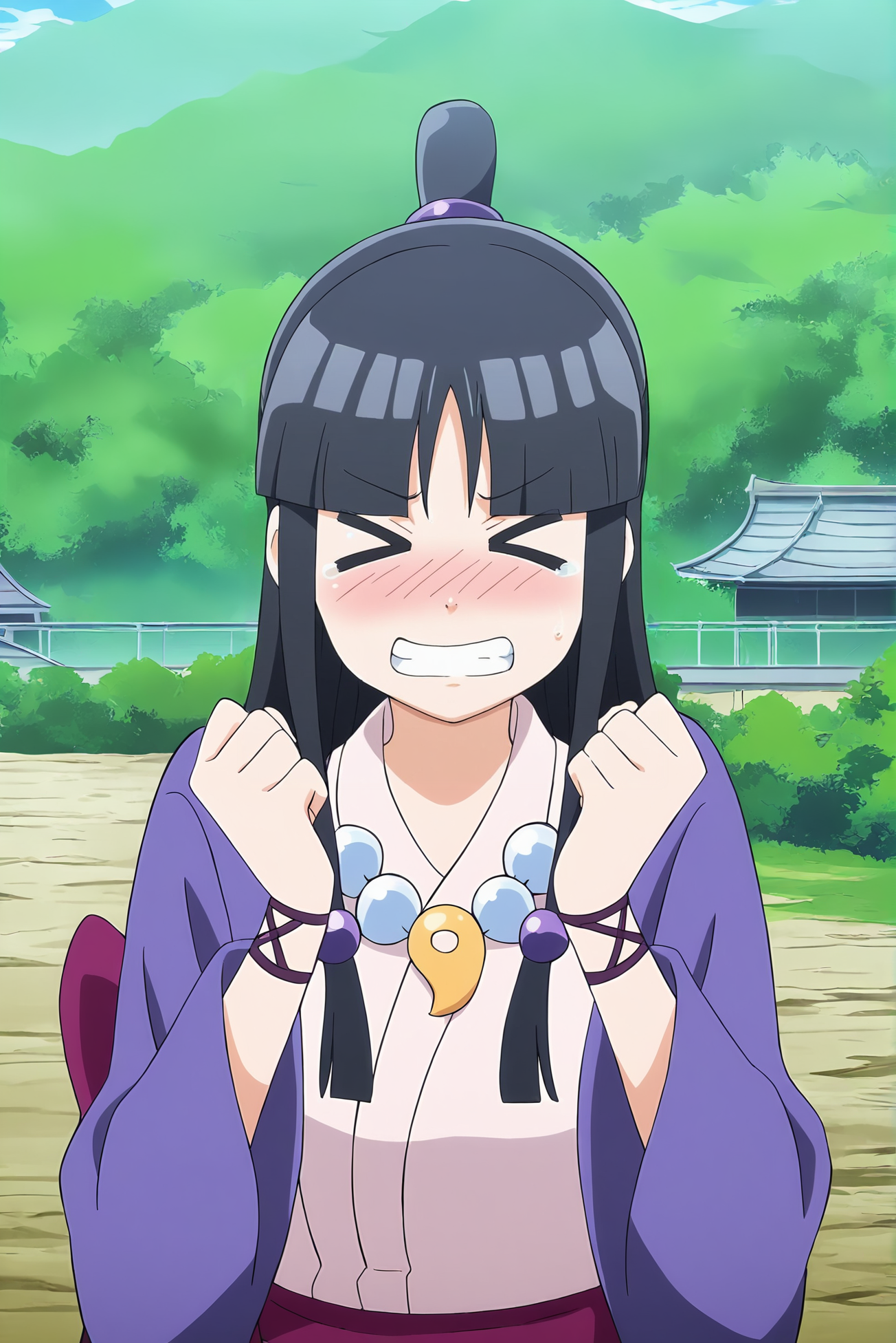anime screencap,anime coloring,detailed face,masterpiece,best quality,very aesthetic,absurdres,amazing quality,ultra detailed,highres,amazing quality,scenery,beautiful detailed hair,beautiful detailed eyes,official anime artwork,<lora:Maya Fey-IL V1:1>,Maya Fey,1girl,solo,black hair,long hair,half updo,hair ornament,blunt bangs,sidelocks,>_<,clenched teeth,