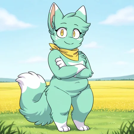 Mimi(Fel), Solo, 1girl, anthro, female furry, cat, catgirl, green and white fur, fluffy fur, fluffy tail, yellow eyes, yellow bandana, slightly chubby, shortstack, full body, looking at viewer, soft smile, arms crossed, standing, grass field setting,