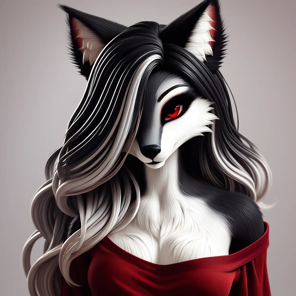 masterpiece, score_9_up, score_8_up, score_7_up, score_6_up, source_furry, (best quality:1.1), ultra-detailed, high resolution, highly detailed macro illustration, solo BREAK 1girl, Zirra, anthro fox, female, black fluffy ears, animal ears, white fluff in ears, black thin eyebrows, two-colored hair, black and white hair, (beautiful red eyes), long eyelashes, hair over one eye, long hair, :3, two-color fur, black fur, white fur, upper body, black animal nose, looking at viewer, (red shirt, off shoulder, deep neckline, bare shoulders, jeans), bend over, looking at viewer, sensual, cowboy shot, simple background