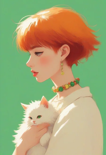 haute couture fashion, composition masterfully embodies sensuality and style, redhead woman in sexy haute couture clothes holds her silly little kitten, short red hair, undercut hairstyle, emerald-green eyes, beautiful, prim, profile, reimagined in vivid pop art style, simplicity, minimalism, most original, weird, test sketch figure, layers of diminishing detail create a sense of depth from basic two-dimensional forms, aristocratic, accessories, choker collar,