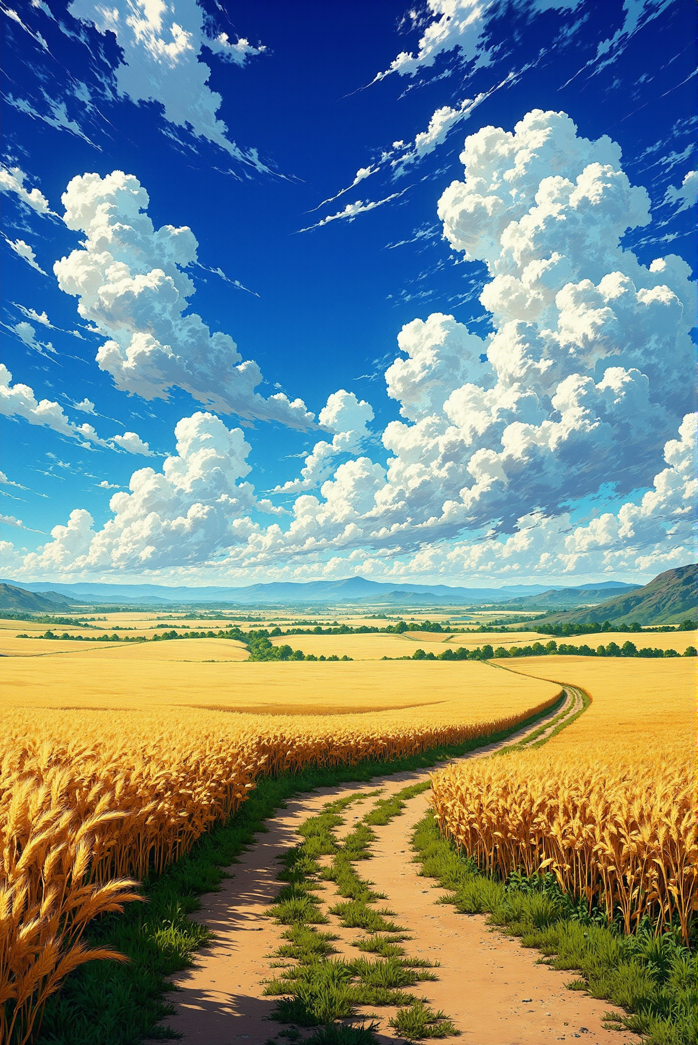 <lora:Vibrantly_sharp_style_v.3:0.8> VibrantlySharp style. A lone dirt path winds through an endless field of golden wheat, leading toward the distant horizon where the sky erupts in a symphony of billowing clouds. Towering formations of cumulus clouds dominate the sky, painted in striking shades of white and deep blue, their voluminous textures masterfully rendered to create depth and movement. Streaks of light pierce through the atmosphere, illuminating patches of the golden field below, highlighting the intricate details of individual wheat stalks swaying in the wind. The perspective draws the viewer's eye toward the vanishing point, creating a sense of vastness and endless possibility. Rendered in a highly detailed, anime-inspired semi-realistic style, this composition captures the breathtaking majesty of an open landscape, where the sky and earth converge in a display of nature's raw beauty.