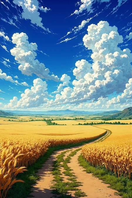 <lora:Vibrantly_sharp_style_v.3:0.8> VibrantlySharp style. A lone dirt path winds through an endless field of golden wheat, leading toward the distant horizon where the sky erupts in a symphony of billowing clouds. Towering formations of cumulus clouds dominate the sky, painted in striking shades of white and deep blue, their voluminous textures masterfully rendered to create depth and movement. Streaks of light pierce through the atmosphere, illuminating patches of the golden field below, highlighting the intricate details of individual wheat stalks swaying in the wind. The perspective draws the viewer's eye toward the vanishing point, creating a sense of vastness and endless possibility. Rendered in a highly detailed, anime-inspired semi-realistic style, this composition captures the breathtaking majesty of an open landscape, where the sky and earth converge in a display of nature's raw beauty.