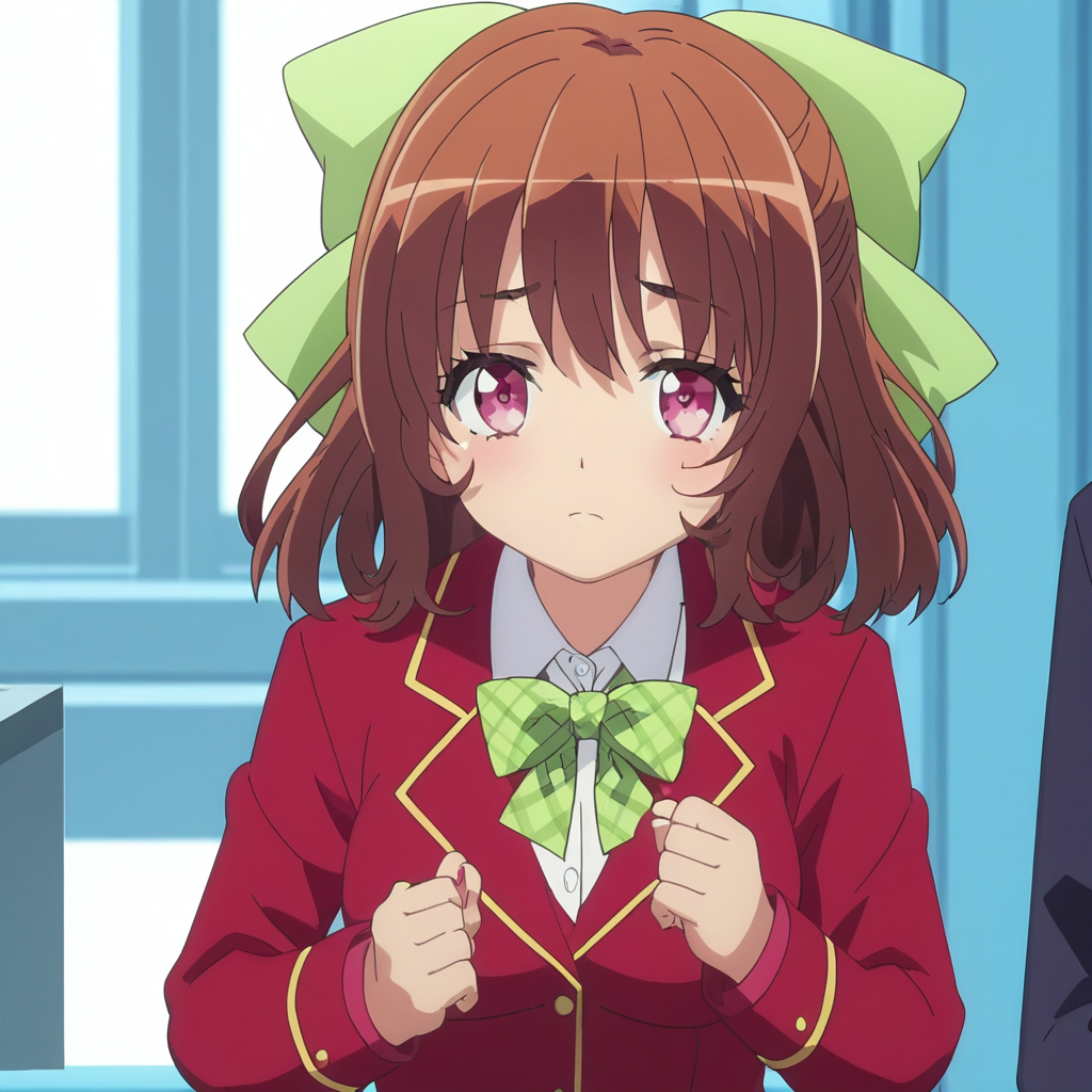 safe_pos, score_9, score_8_up, score_7_up, anime , rating_explicit, anime screencap, anime style, school, 1 girl, green bow, bow, solo, brown hair, medium hair, pink eyes, hair bow, jacket, school uniform, brown hair, red jacket, blazer, plaid bow, green ribbon, medium breast