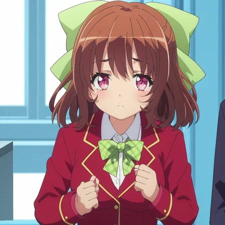 safe_pos, score_9, score_8_up, score_7_up, anime , rating_explicit, anime screencap, anime style, school, 1 girl, green bow, bow, solo, brown hair, medium hair, pink eyes, hair bow, jacket, school uniform, brown hair, red jacket, blazer, plaid bow, green ribbon, medium breast