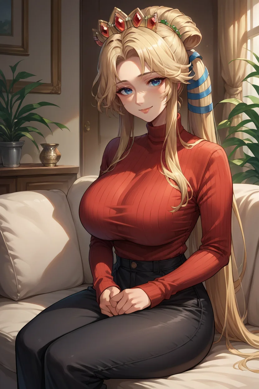 score_9, score_8_up, score_7_up, score_6_up, source_anime, 1girl, solo, <lora:fenyna-pdxl-nvwls-v1-000005:1> fenyna, blonde hair, hair ribbon, crown, red sweater, large breasts, black pants, sitting, couch, looking at you, smile, living room