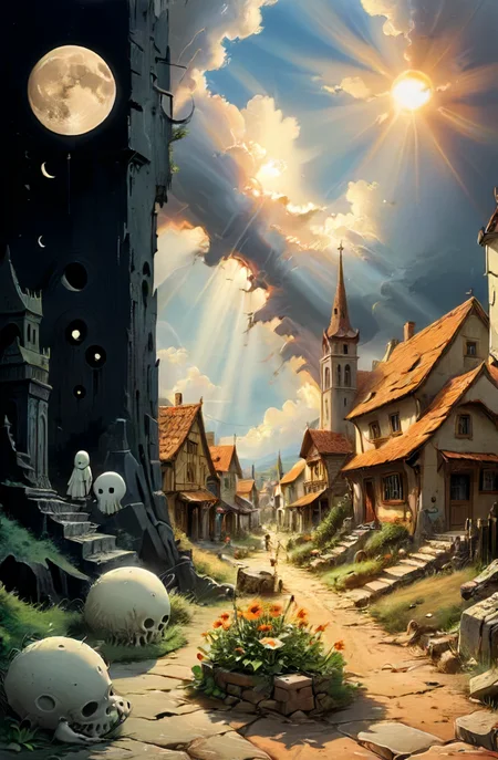 studio ghibli, infuriating puzzle,  darkest small necropolis night of the envy sitting hiding tiny dead wast (landscape:1.1), moon, eclipse, fog, BREAK lovely day of the happy living thriving busy (village:1.1) city, sun, god-rays, highly detailed, landscape, panorama, wide-angle, moody, atmospheric, masterpiece, high resolution, hdr, 8k, composition, shadows, clouds, (complex:1.2), (intricate:1.1),  <lora:- SDXL - vanta-black_contrast_V3.0:0.7>, <lora:- SDXL - otclillsn_impossible_geo_V1.0:0.7>, <lora:dfantasy:0.8>, <lora:The_Simplest:0.8>, <lora:DonMP41n717Bl4ckXL:0.4>, <lora:SDXL - Style - EldritchRomanceIllustration1.3.1:0.4>, <lora:artfullyECHELIER_SDXL_V1:0.4>
