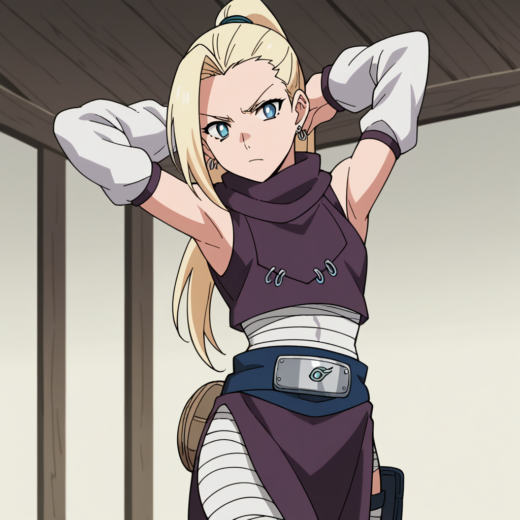 score_9,score_8_up,score_7_up,score_6_up, anime_screencap, <lora:Ino_Genin_Pony-000007:0.8>, inog, 1girl, solo, bandana around waist, pelvic curtain, long hair, ponytail,  blue eyes, blonde hair, earrings, bandaged waist,  detached sleeves, bandaged leg, crop top, sleeveless, thigh pouch, scarf, arms behind head, armpits