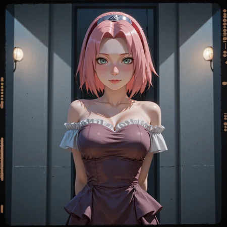 an animated illustration of <lora:Naruto_-_Sakura-000017:.8> n-sakura, pink hair, green eyes, forehead protector. 25 year old.
Highest quality, best quality, masterpiece. cinematic atmosphere. The lighting is soft yet dramatic. The film grain adds a tactile, grainy texture, enhancing the dreamlike quality of the scene.
Silk slip dress with thin spaghetti straps, a deep v-neckline, and a smooth, flowing silhouette