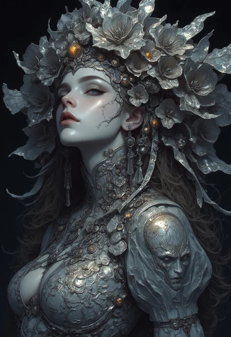 Silver statue of a woman, her skin composed of delicate, textured silver flakes, with chrome and glass flowers intricately woven into her hair, her eyes gleaming with a warm, bluish light, wearing a majestic, windy-blown ornate gown with tattered, silver petals, reminiscent of a dark, dystopian world, her face and shoulders illuminated by a soft, ambient glow, as if radiating an otherworldly energy, in the styles of Royo's dark, mystical realism, Artgerm's hyper-detailed, metallic sheen, and Lovecraft's eerie, atmospheric tension, with meticulous attention to intricate textures, dramatic shading, and a sense of haunting, ethereal beauty.