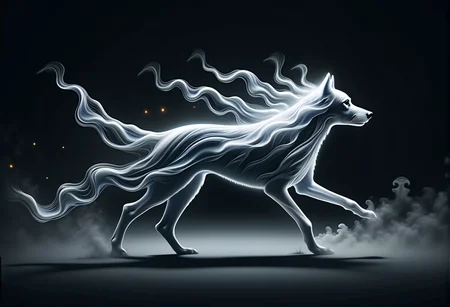 bv-smowormor. A majestic dog, its body partially dissolving into delicate wisps of smoke, creating intricate swirling patterns as it moves, a mesmerizing fusion of power and ethereal beauty, with moonlight casting dramatic shadows across its semi-translucent form The scene is captured with a dynamic, low-angle perspective where the flow of smoke seems almost alive, adding a sense of movement and otherworldly energy. The lighting is designed to use dramatic backlighting to create silhouettes, with smoke flowing outwards in delicate trails. The scene features glowing particles or embers floating gently in the air, mixing with the smoke to add a sense of fantasy and dynamism. The style is a photorealistic depiction, capturing the beauty of partially transformed forms and glowing smoky accents. , <lora:bv-smoke-world-morph-1-0.safetensors:1.0:1.0>