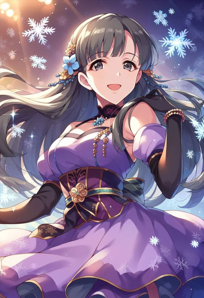 score_9, score_8_up, score_7_up, kobayakawa sae, black hair, black eyes, 1girl, long hair, gloves, dress, hair ornament, solo, snowflakes, elbow gloves, smile, looking at viewer, open mouth, hair flower, purple dress, jewelry