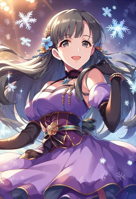 score_9, score_8_up, score_7_up, kobayakawa sae, black hair, black eyes, 1girl, long hair, gloves, dress, hair ornament, solo, snowflakes, elbow gloves, smile, looking at viewer, open mouth, hair flower, purple dress, jewelry